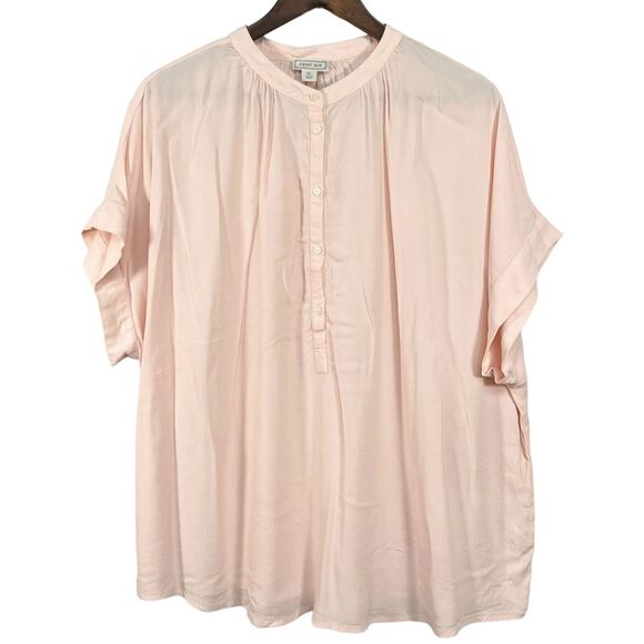 Point Sur Popover‎ Blouse Women Size XL Pink Rayon Curved Hem Short Sleeve - Picture 1 of 10
